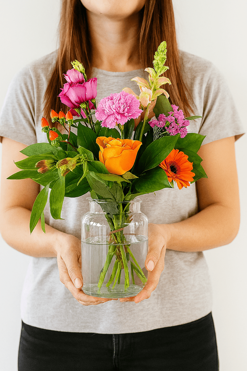 Kleiner bunter Blumenstrauß mit Gerbera und Rose in Händen Kleiner bunter Blumenstrauß mit orangefarbener Rose, orangefarbener Gerbera, pinken Blüten und grünem Beiwerk in Glasvase, von Frau mit grauem Shirt in Händen gehalten.