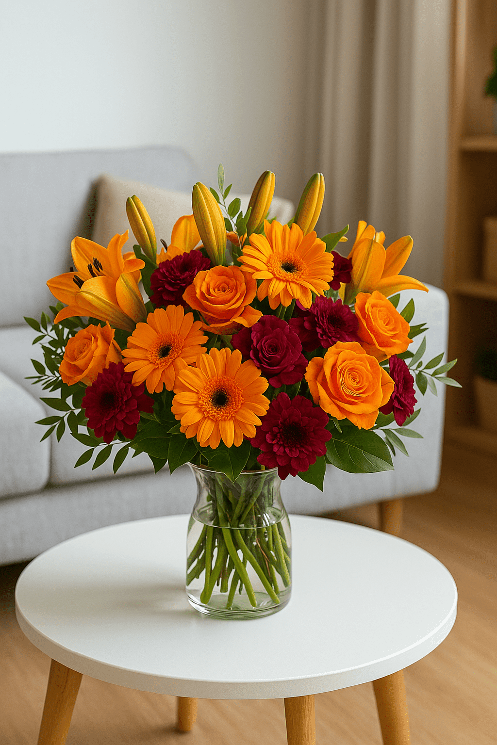 Prächtige Farben: Stilvoller Blumenstrauß für Ihr Zuhause Blumenstrauß Prächtige Farben mit leuchtenden orange-roten Blüten in Vase auf modernem Wohnzimmertisch – ideal als stilvolle Dekoration.