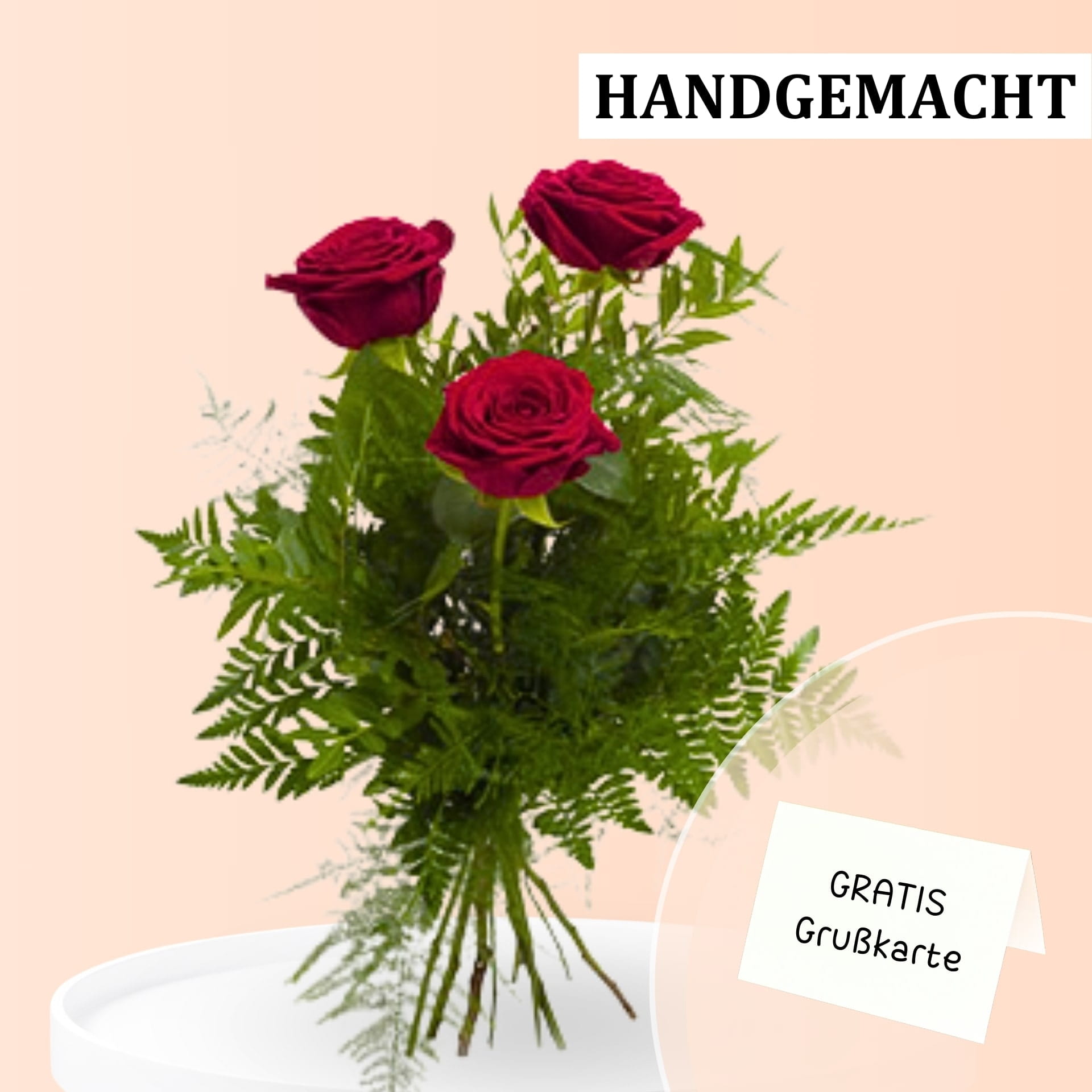 Drei Rosen in rot, locker gebunden Versende einen kleinen Strauß aus drei roten Rosen