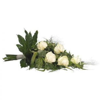Bestelle einen Liegestrauß zur Beerdigung online Liegestrauß mit weißen Rosen länglich gebunden