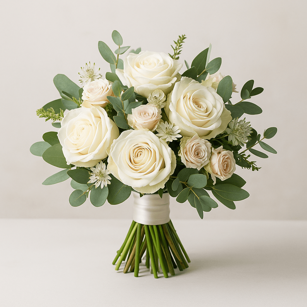 Klassischer Brautstrauß in Creme mit Rosen und Lisianthus, liebevoll gebunden