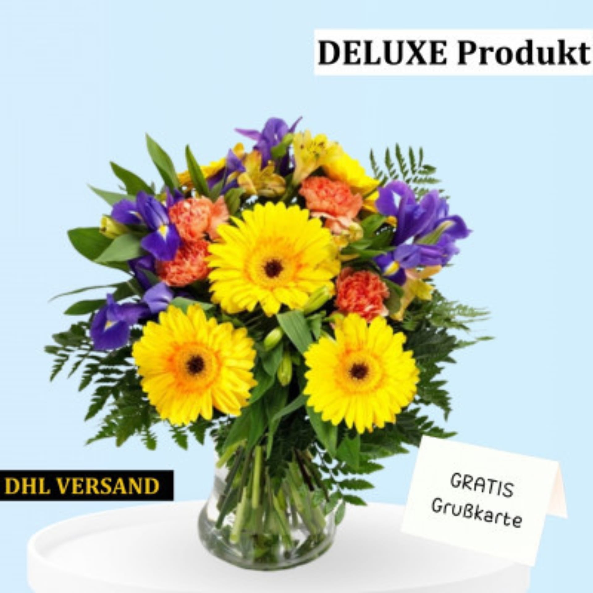 Blumenstrauß Happy Day - online Blumenversand Blumenstrauß in gelb, lila und orange mit Beiwerk. Jetzt online schenken