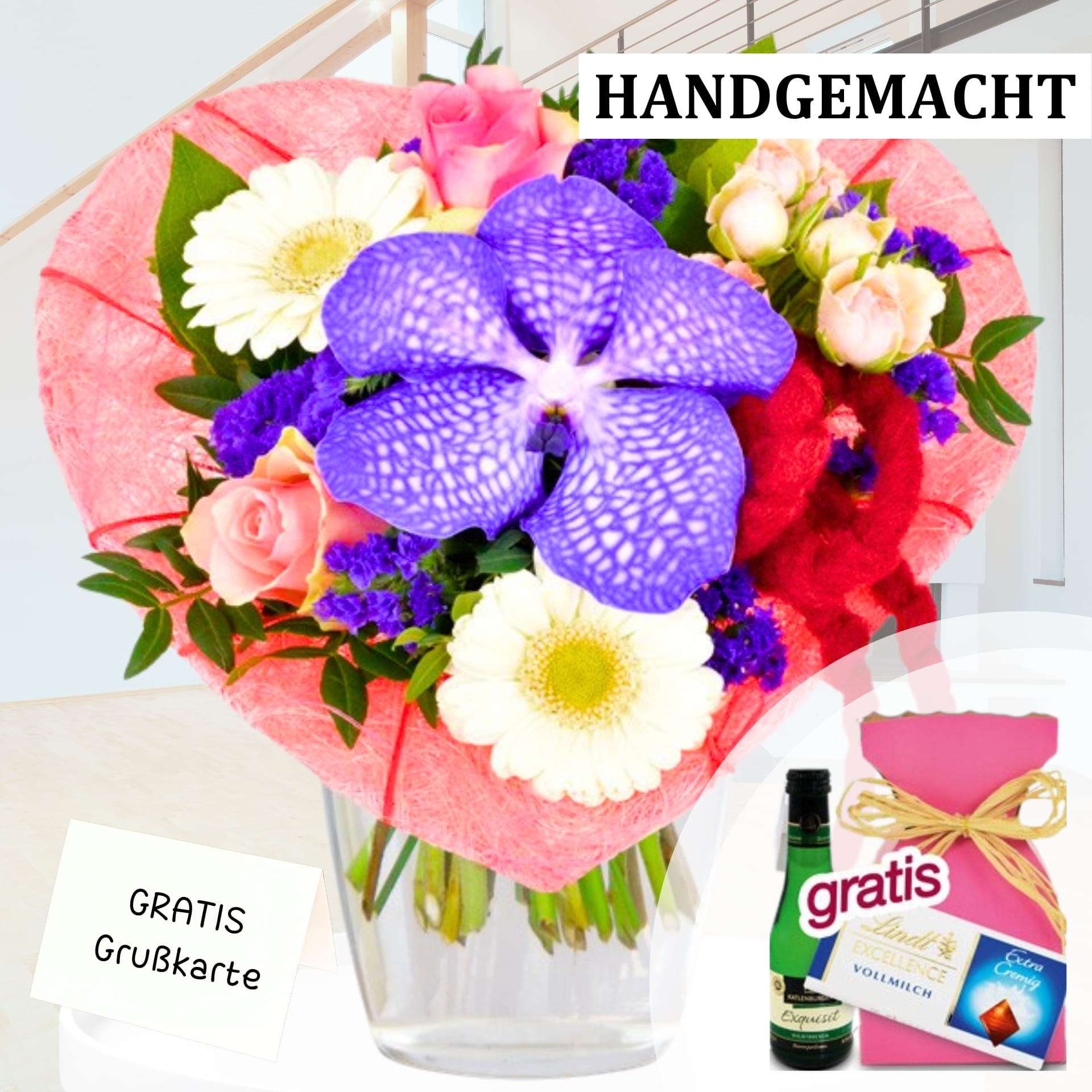 Blumenstrauß mit Herzmanschette, blauer Orchidee und weißen sowie pinken Blüten