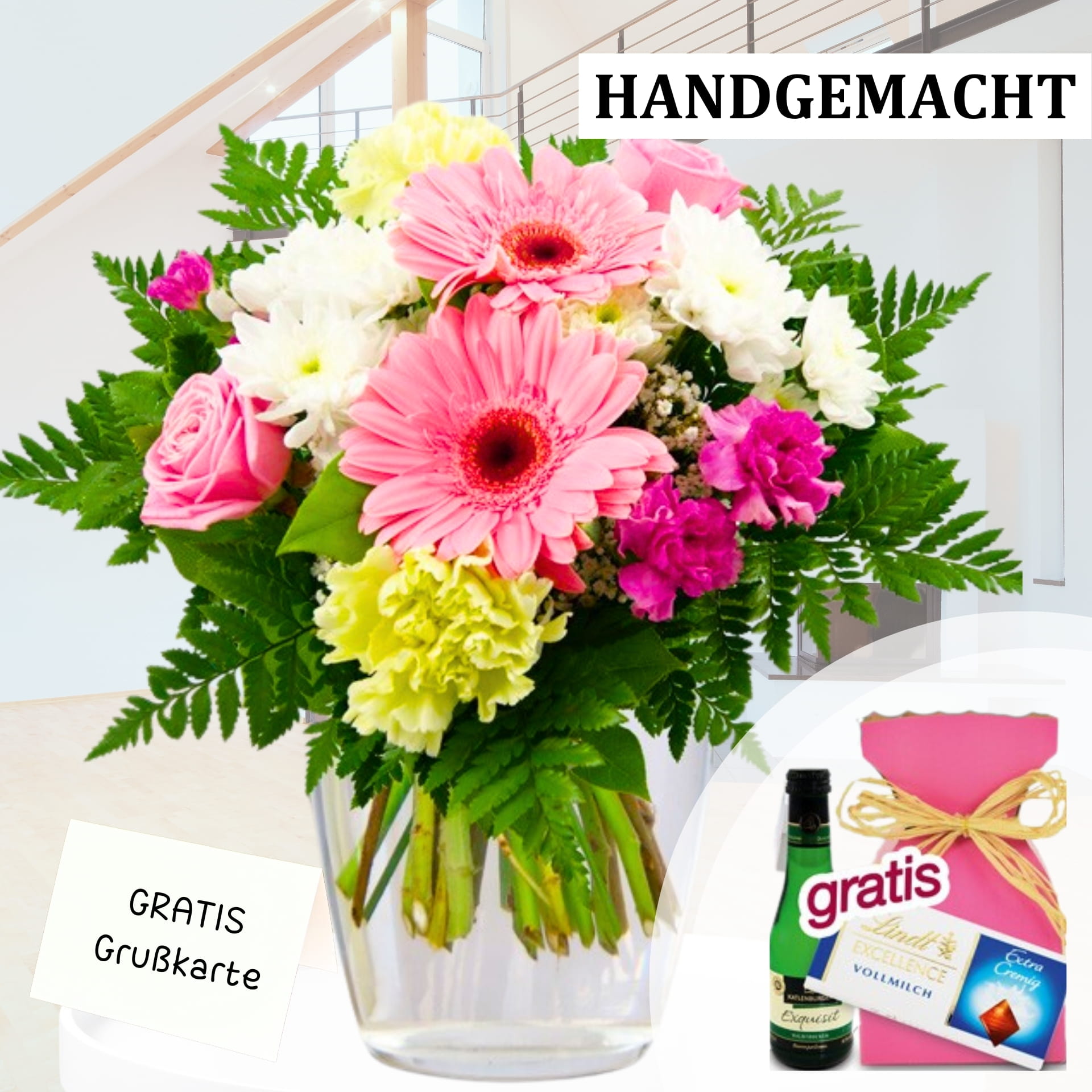 Ein handgemachter Blumenstrauß aus Gerberas und Rosen, der per Post versendet wird. Gratis Grußkarte inklusive. Jetzt bestellen und Freude verschenken!