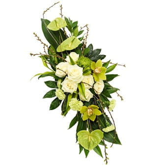 Trauergesteck Erinnerung zum Versand Längliches Trauergesteck mit Rosen, Cymbidium und Flamingoblumen