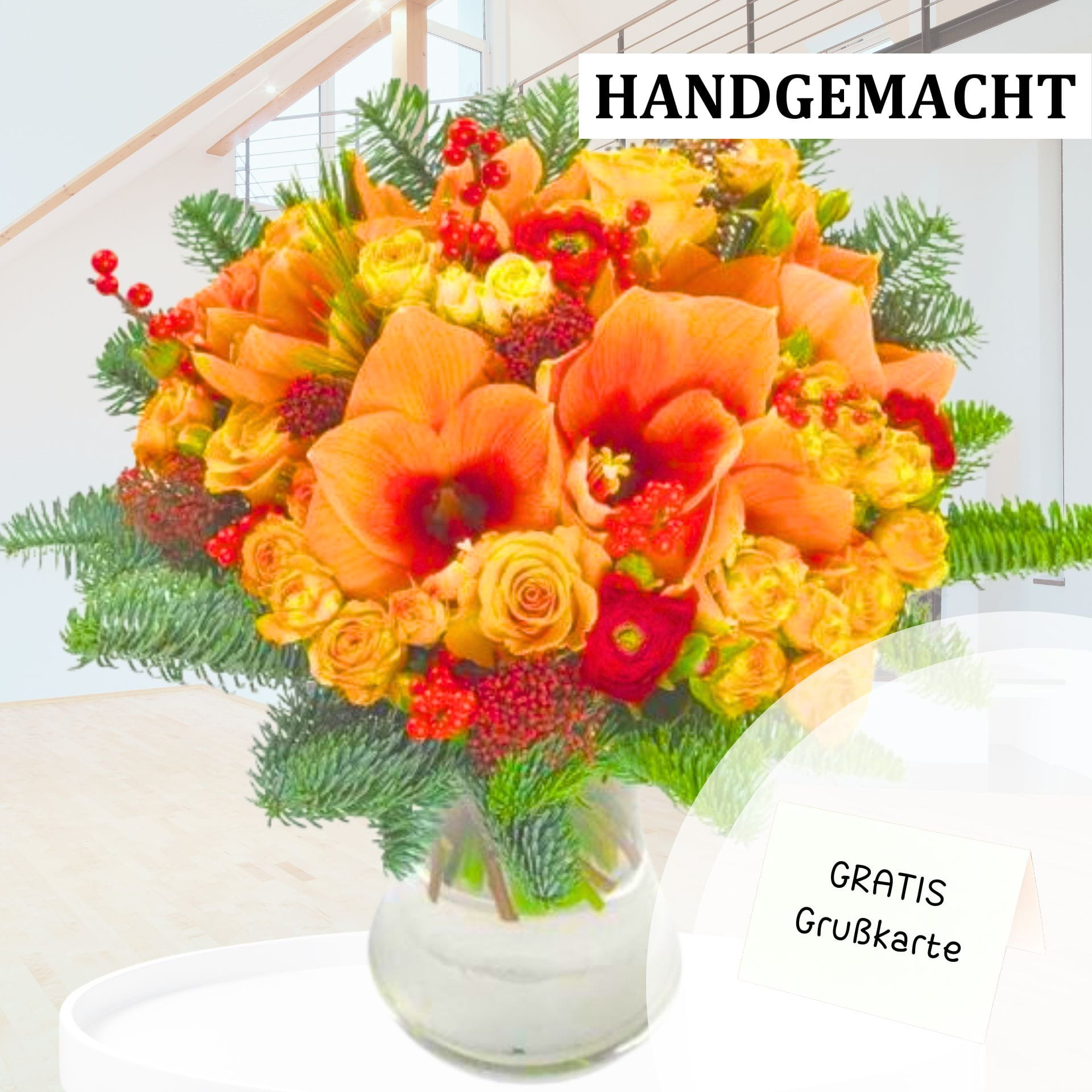 Verschenke einen Amaryllisstrauß orange und gratis Text Strauß mit leuchtenden Amaryllis im Wohnzimmer