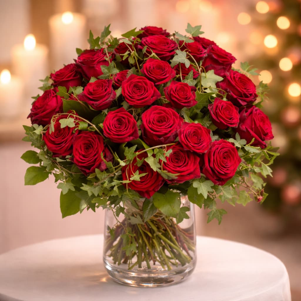 Rote Rosen im Glasvase mit Kerzenlicht Rote Rosen im Glasvase mit Kerzenlicht