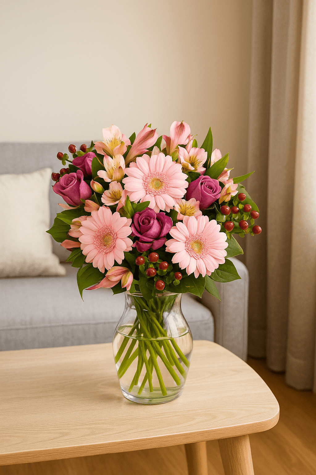 Blumenstrauß Rosa Grüße mit rosa und lila Blüten in Vase auf einem Wohnzimmertisch – perfekt als Dekoration oder Geschenk.