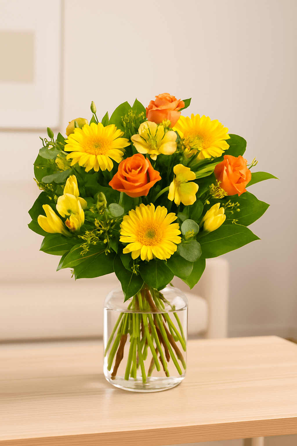 Blumenstrauß in Gelb und Orange in einer Vase auf einem Holztisch im Wohnzimmer, mit leuchtenden Gerbera und Rosen.