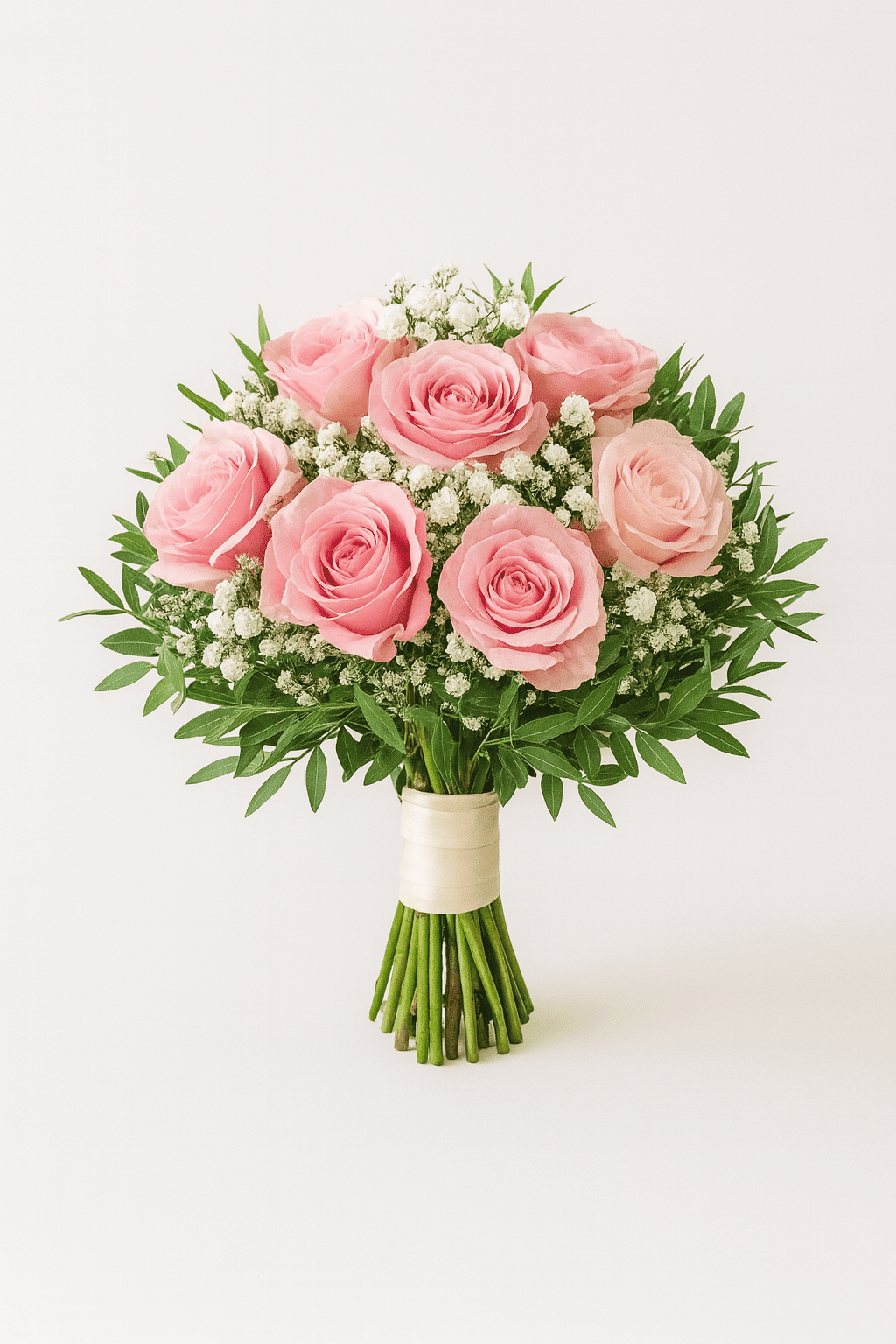 Zarter Brautstrauß mit rosafarbenen Rosen, Schleierkraut und grünem Beiwerk – handgebunden für romantische Hochzeiten.