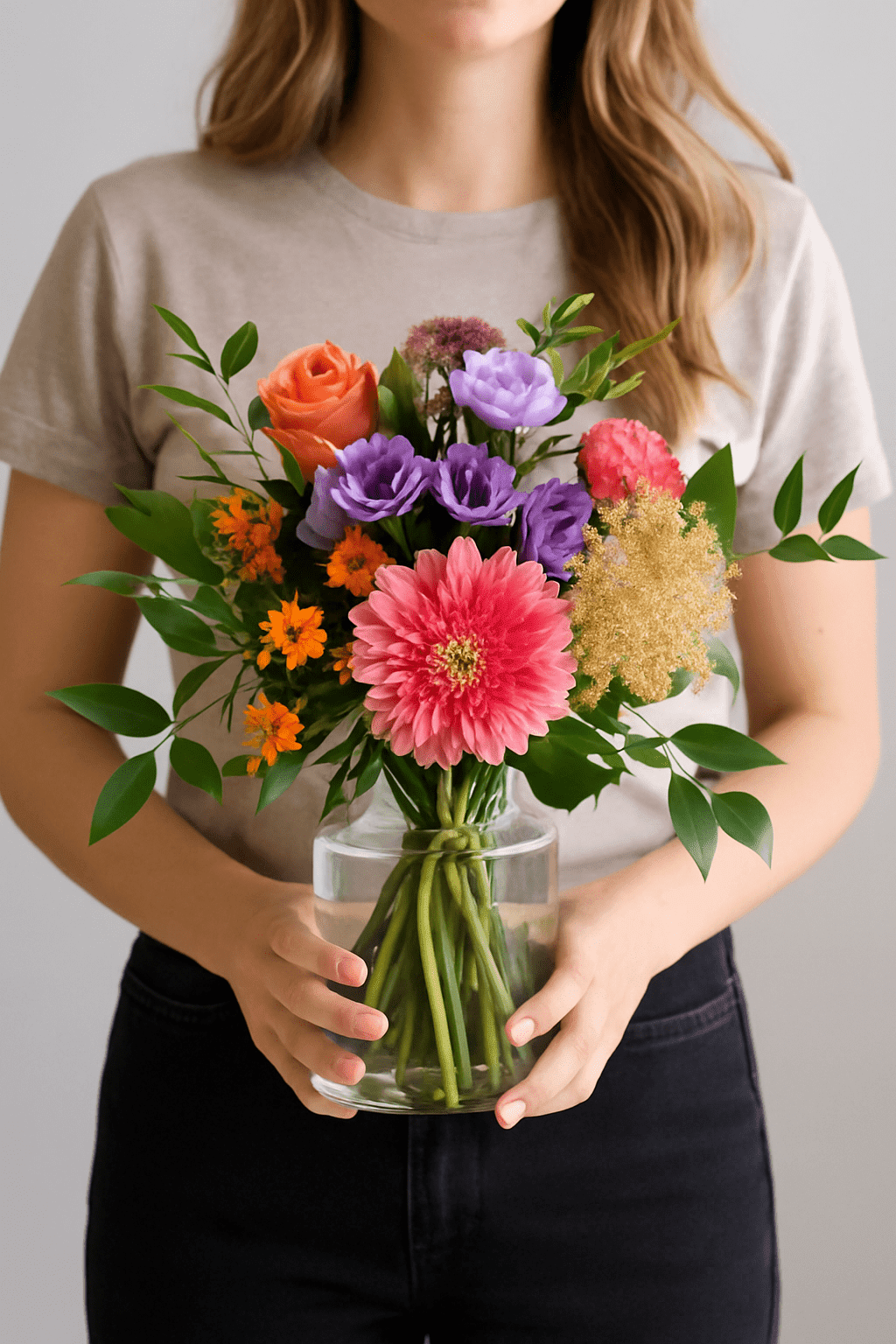Bunter Blumenstrauß mit pinker Gerbera, orangefarbener Rose, lila Blüten und grünem Beiwerk in Glasvase, von Frau in beiden Händen gehalten.