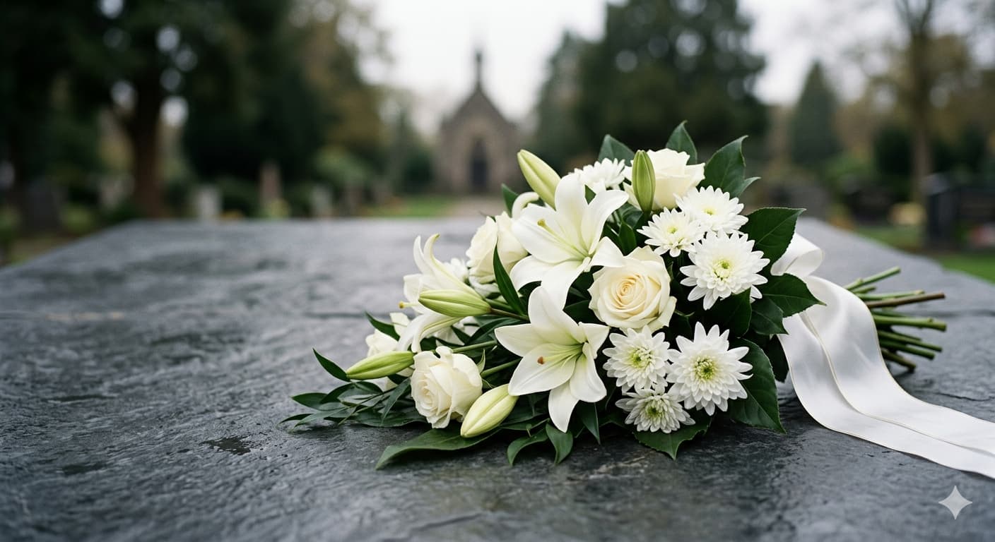 Würdevolle Trauerblumen zum Abschied auf einem Grab arrangiert