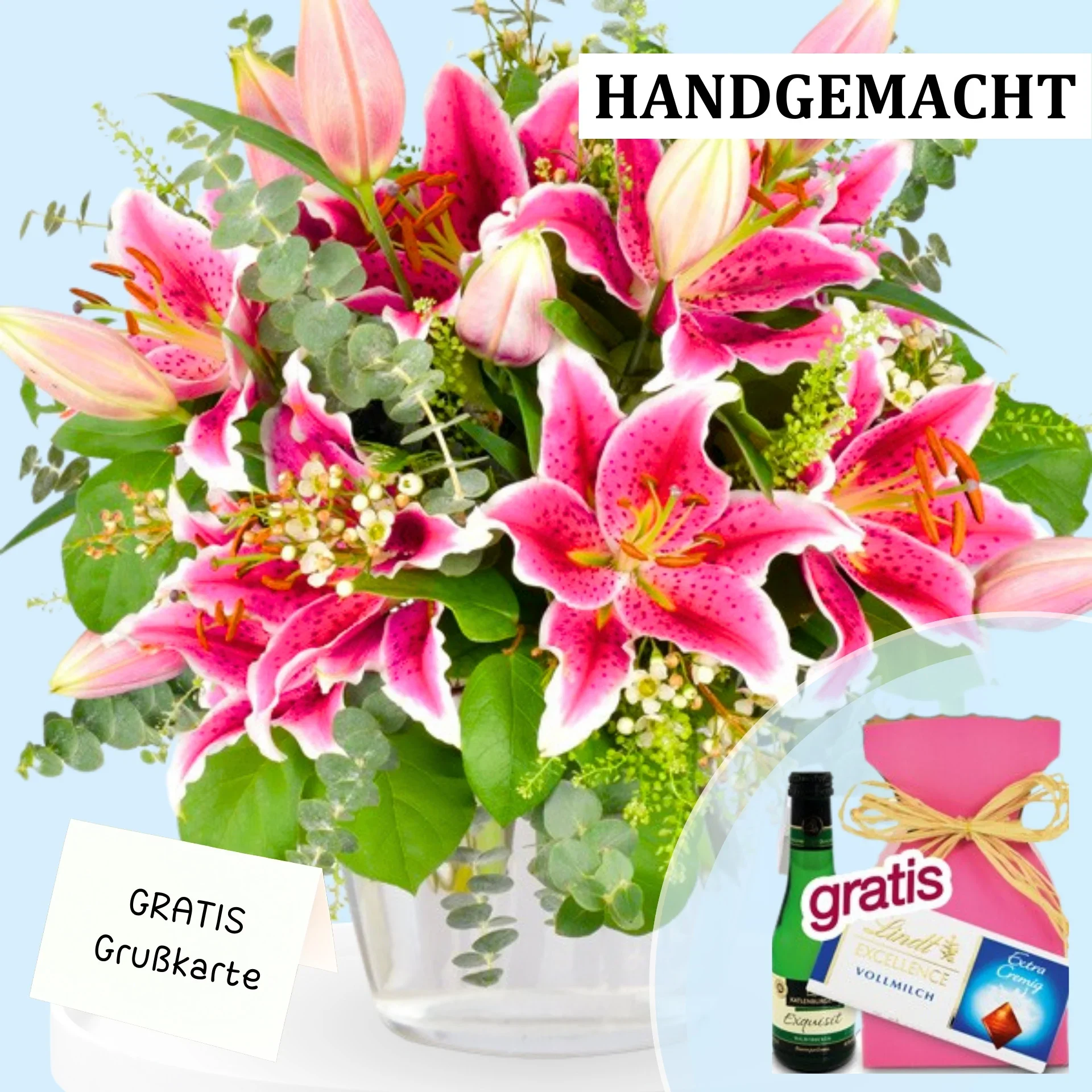 Ein wunderschönes Bouquet mit pinken Lilien in einer Glasvase