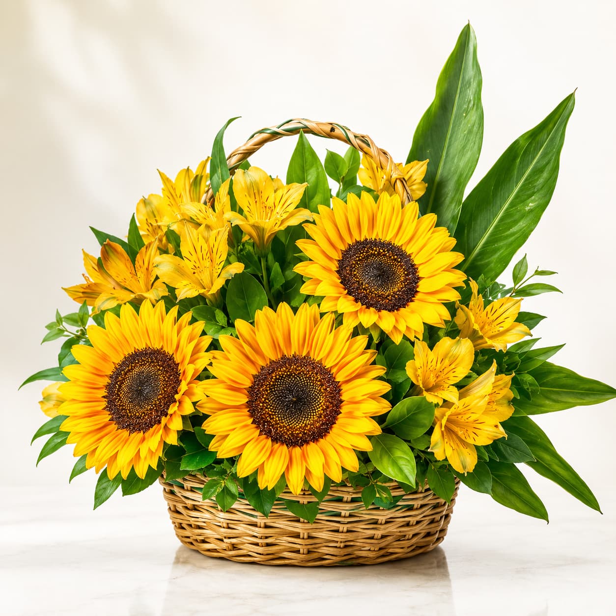 Sonnengruß – Blumenkorb mit Sonnenblumen & Alstroemerien Sonnengruß – Blumenkorb mit Sonnenblumen & Alstroemerien
