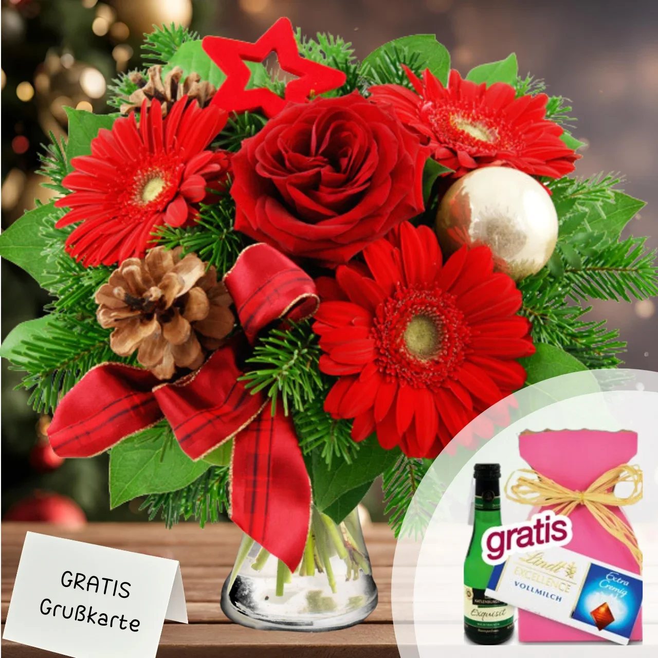 Rote Gerbera, Rosen und Schleifen als Weihnachtsstrauss