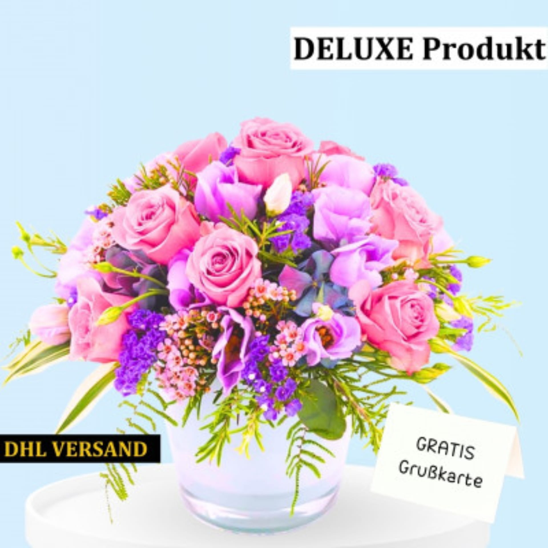 Deluxe Blumengesteck mit rosa Rosen und lila Blumen, DHL Versand. Gratis Grußkarte.