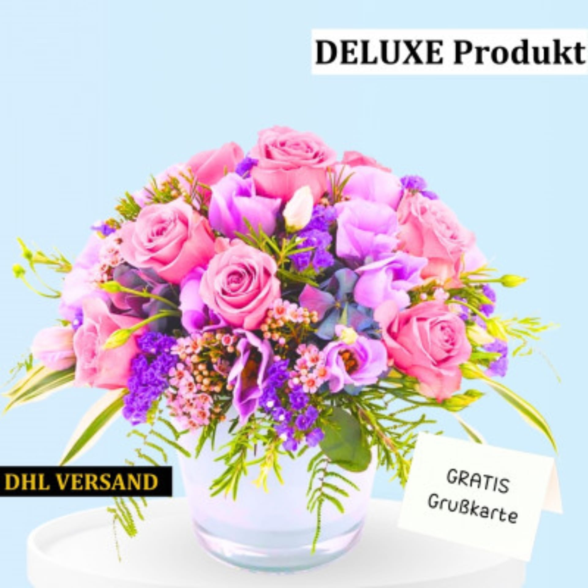 deluxe-blumengesteck-rosa-rosen-lila-blumen-dhl-versand-gratis-karte Deluxe Blumengesteck mit rosa Rosen und lila Blumen, DHL Versand. Gratis Grußkarte.