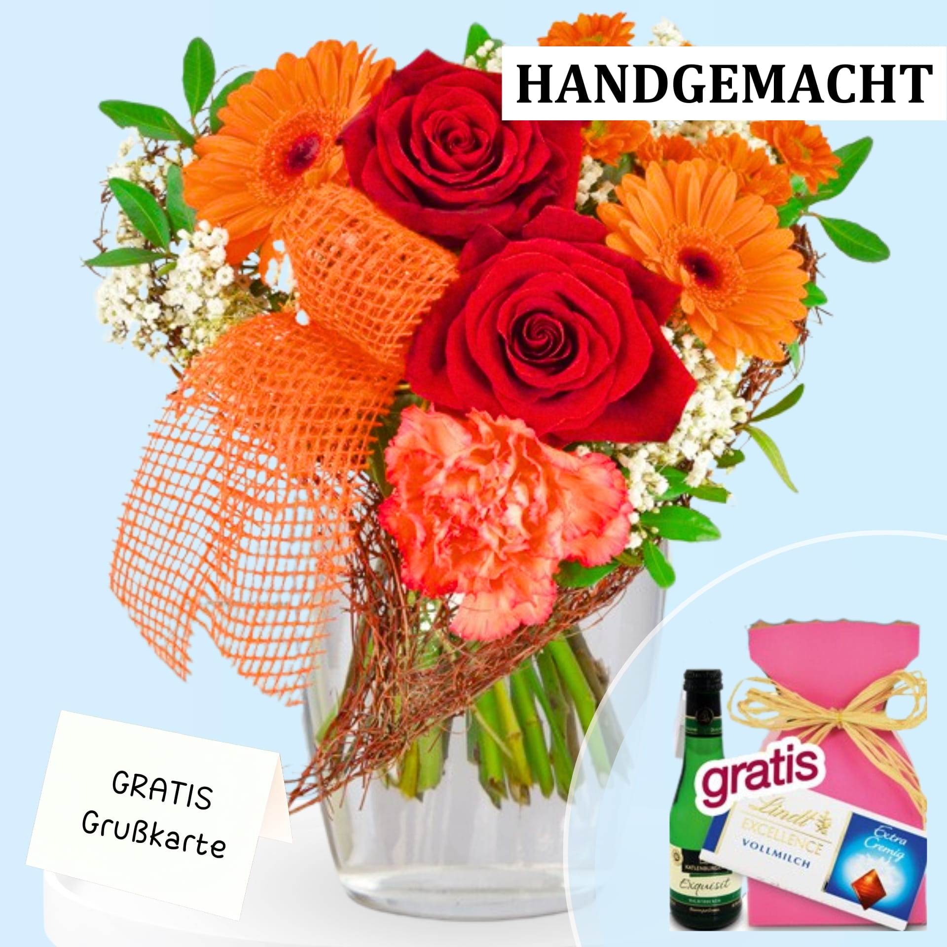 Handgemachter Blumenstrauß aus roten Rosen, orangefarbenen Gerbera und Nelken mit grünem Laub und weißen Blüten, inklusive kostenloser Grußkarte und kleiner Überraschung