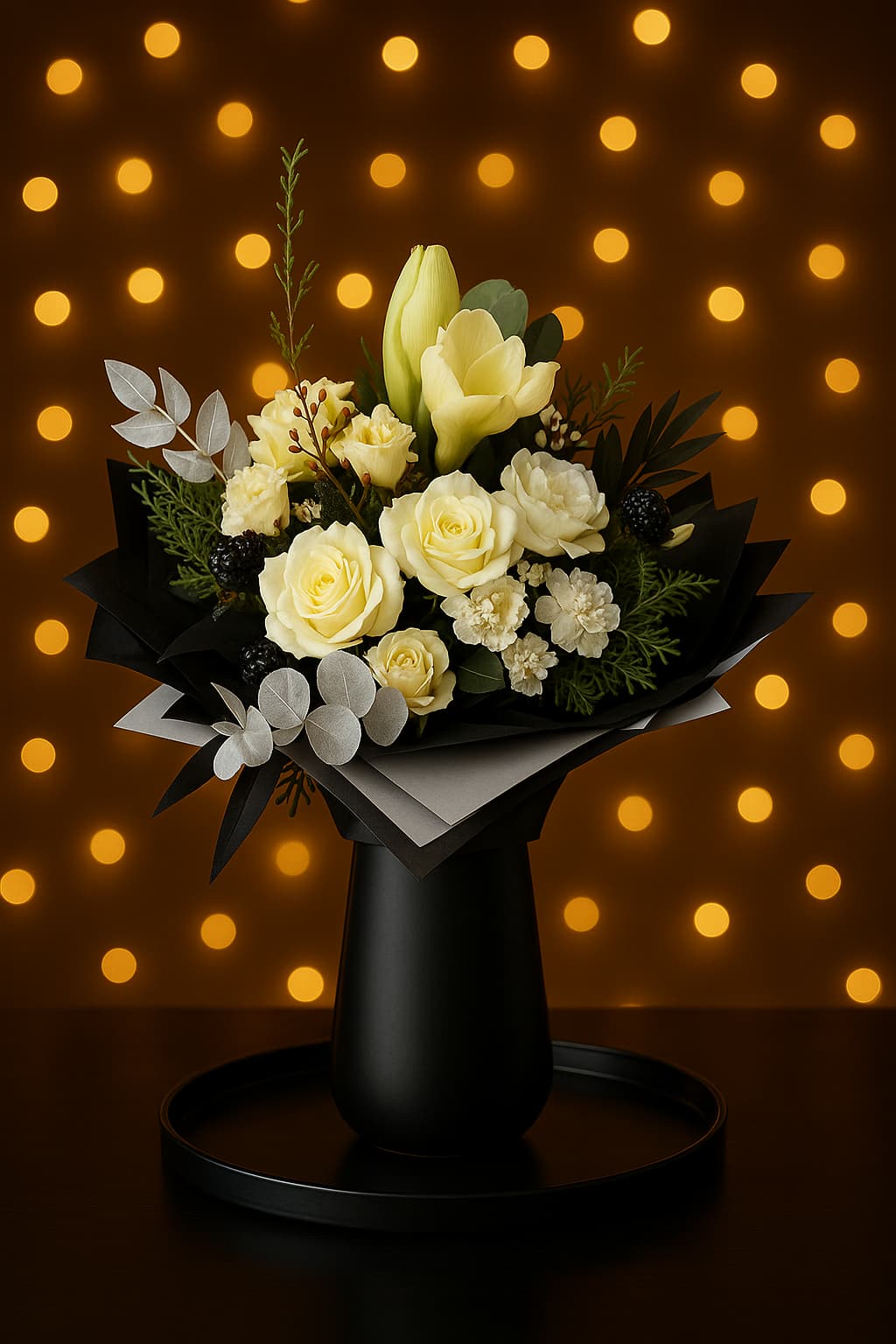 Winterglanz Eleganz – Weißes Weihnachtsbouquet in Schwarz & Silber Winterglanz Eleganz – Weißes Weihnachtsbouquet in Schwarz & Silber