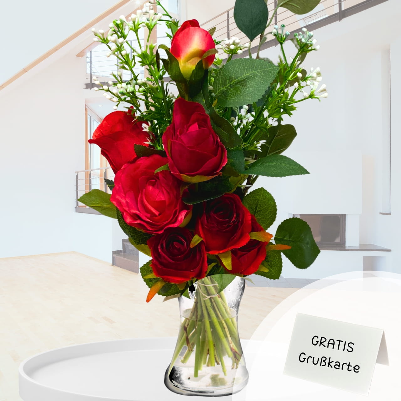 Eleganz in Rot - Rosen & Schleierkraut Bouquet Eleganz in Rot - Rosen & Schleierkraut Bouquet