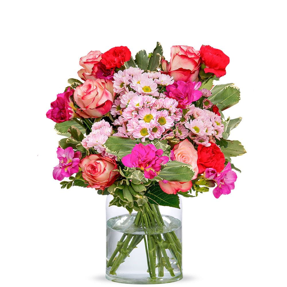 Blumenstrauß Frühlingszauber verschicken Blumenstrauß Frühlingszauber verschicken rosa und rote Rosen mit zarten Chrysanthemen und fröhlichen Phlox-Blüten