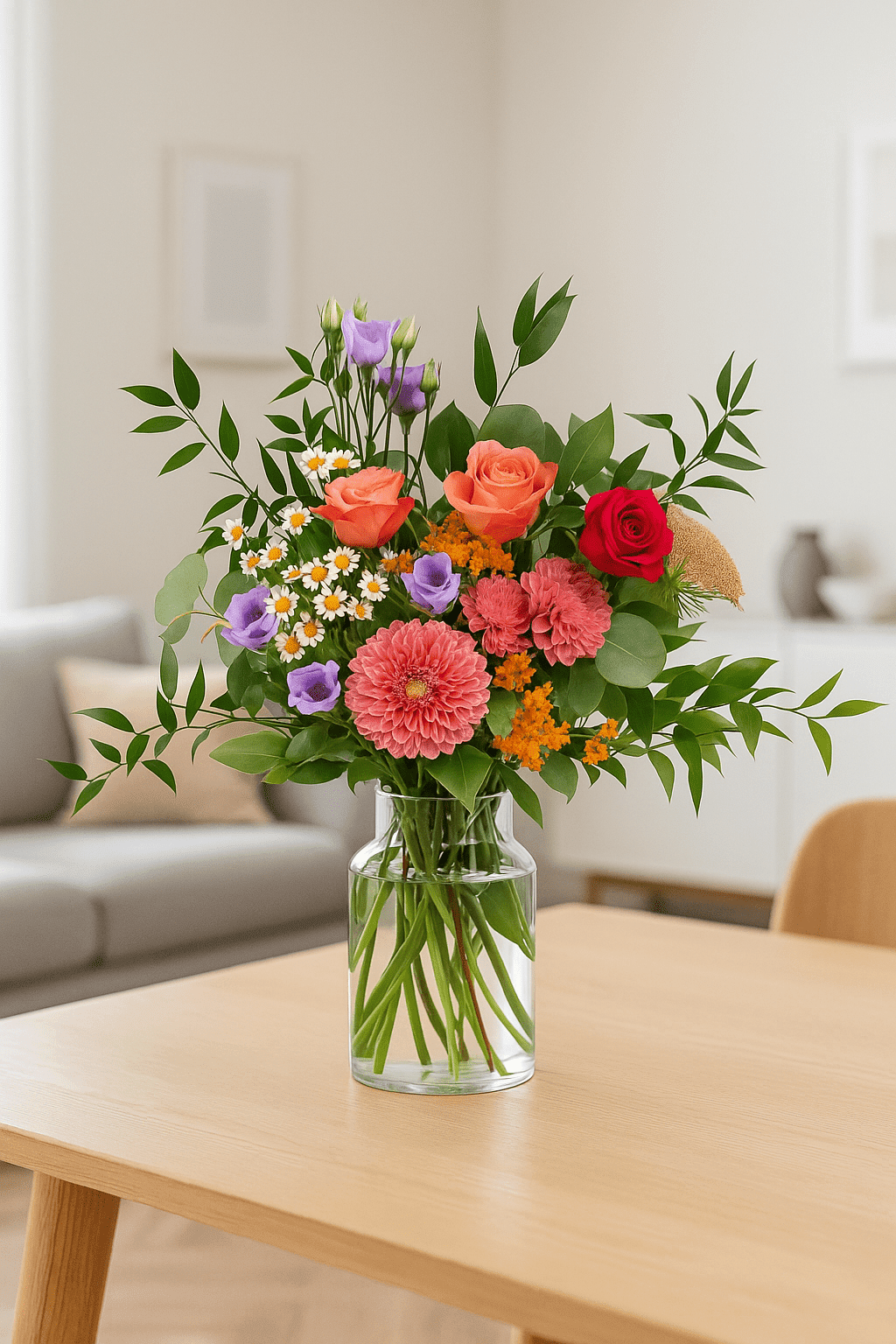 Großer bunter Blumenstrauß mit Gerbera und Rosen im Wohnzimmer Großer bunter Blumenstrauß mit Gerbera, Rosen, Kamille und lila Blüten in Glasvase auf Holztisch im Wohnzimmer.