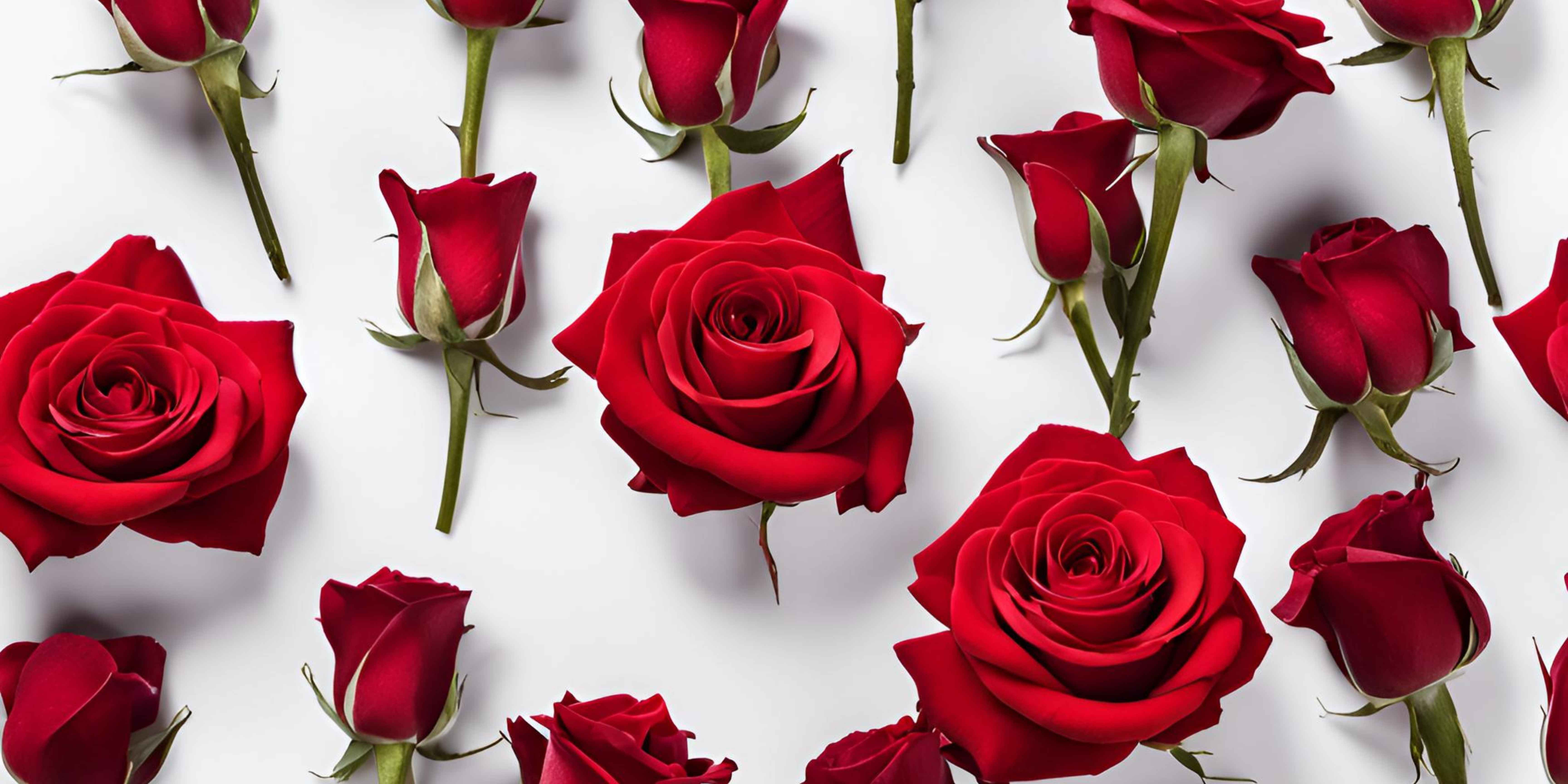 Rote Rosen – klassisch, elegant und zeitlos schön Frische rote Rosen auf weißem Hintergrund, flach arrangiert