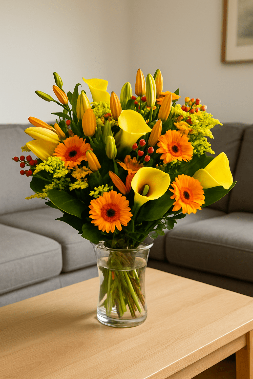 Blumenstrauß „Madrid“ mit gelben Callas, Lilien, orangefarbenen Gerbera und Beeren in Glasvase auf Holztisch vor Sofa.
