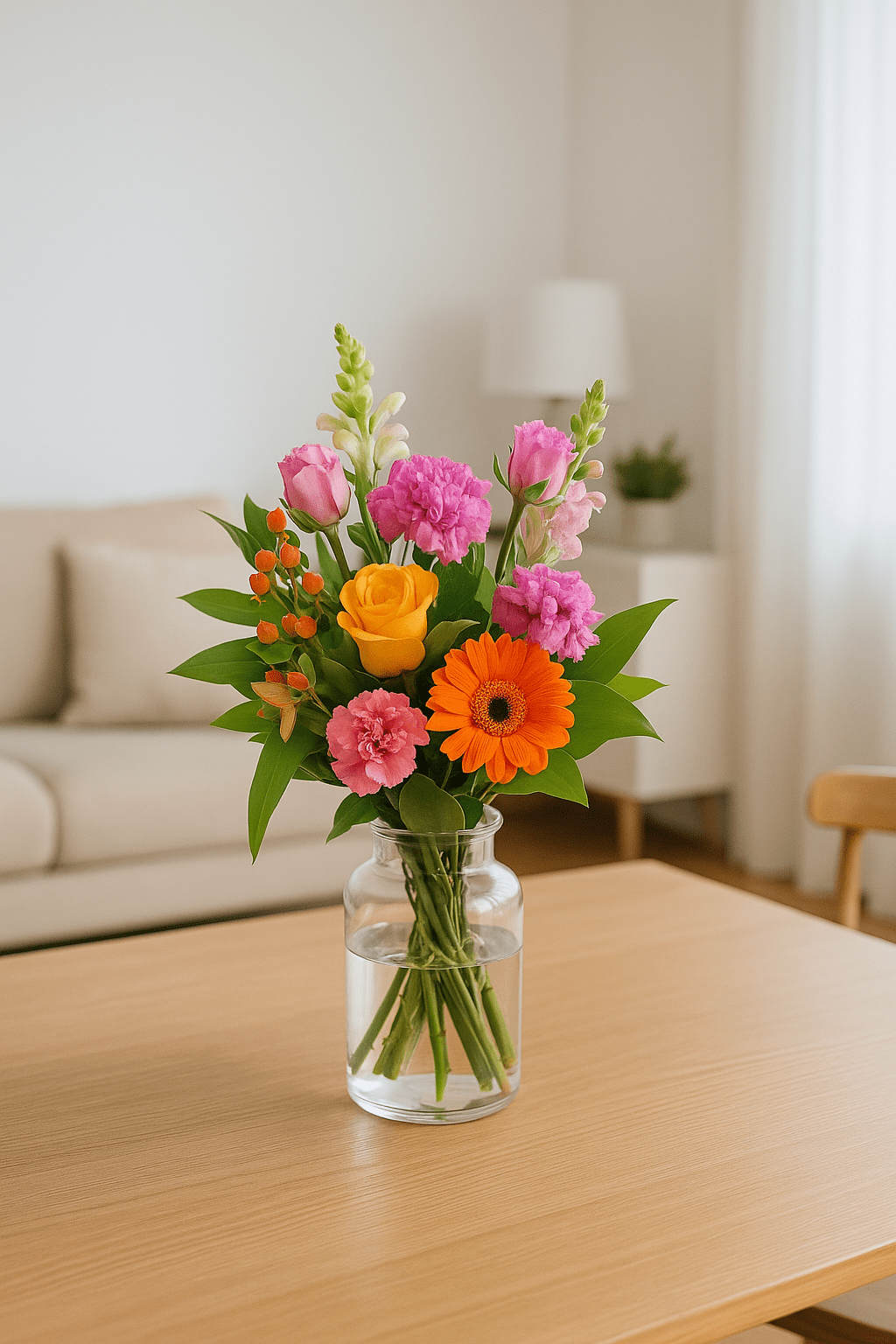 Kleiner bunter Blumenstrauß mit orangefarbener Gerbera, gelber Rose, pinken Blüten und grünem Beiwerk in Glasvase auf Holztisch im Wohnzimmer.