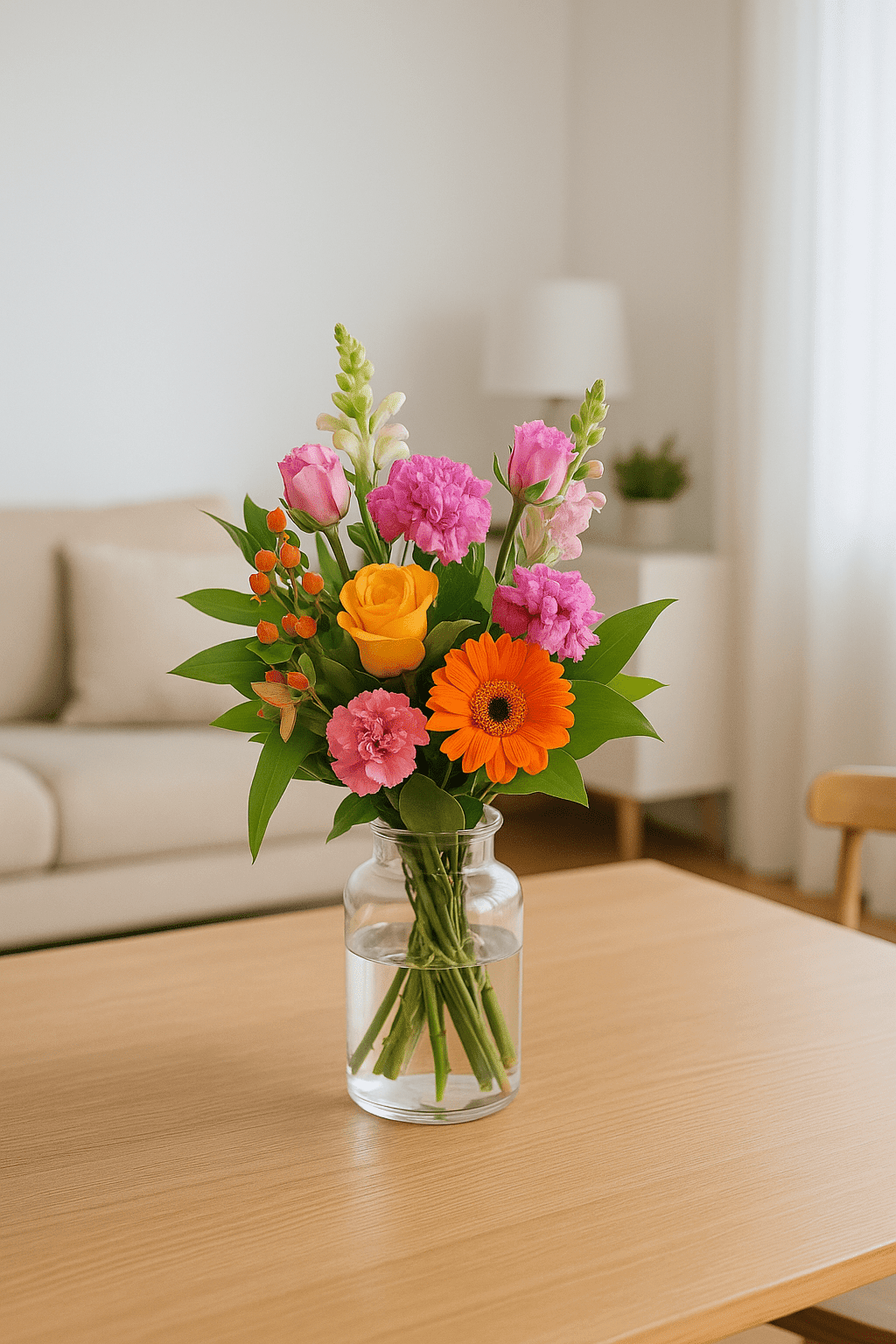 Kleiner bunter Blumenstrauß mit Gerbera und Rose auf Tisch im Wohnzimmer Kleiner bunter Blumenstrauß mit orangefarbener Gerbera, gelber Rose, pinken Blüten und grünem Beiwerk in Glasvase auf Holztisch im Wohnzimmer.