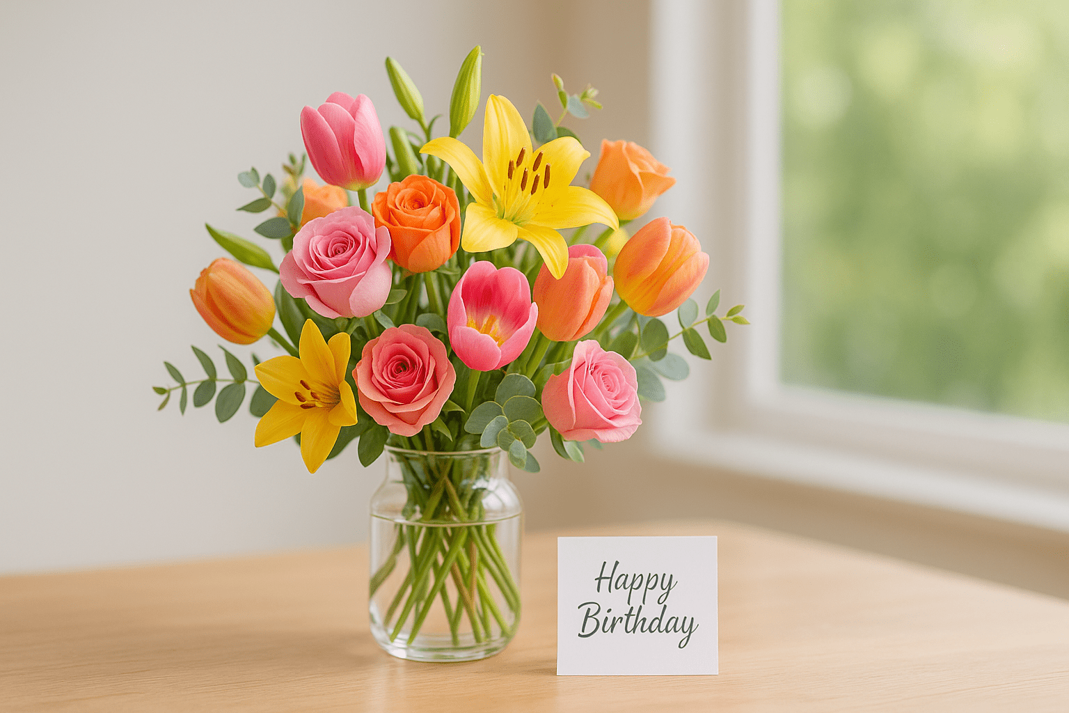 Ein bunter Blumenstrauß mit Rosen und Lilien in einer Glasvase als perfektes Geburtstagsgeschenk.